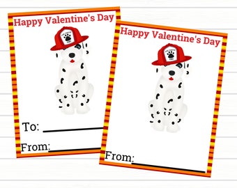 Könnte beinhalten: Ausdruckbare Valentinstagskarten mit einem Dalmatiner-Hund mit Feuerwehrhut. Die Karten haben einen rot-orange-gelb gestreiften Rand und bieten Platz zum Schreiben von "An:" und "Von:" auf der Karte.