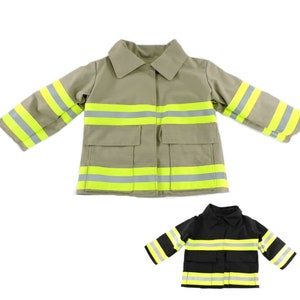 May include: Two firefighter jackets, one in tan with yellow reflective stripes and one in black with yellow reflective stripes.