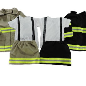 May include: A collection of children's firefighter costumes. The outfits include tan and black jackets with reflective stripes, white t-shirts with black suspenders, and matching skirts. The costumes are designed for play and dress-up.