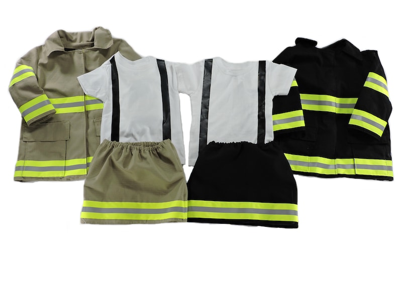 May include: A collection of children's firefighter costumes. The outfits include tan and black jackets with reflective stripes, white t-shirts with black suspenders, and matching skirts. The costumes are designed for play and dress-up.