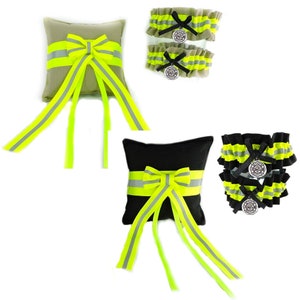 Firefighter wedding garter set of two plus ring pillow,  Bridal shower gift, Personalized garters, Ring bearer Pillow, Bunker Gear Look