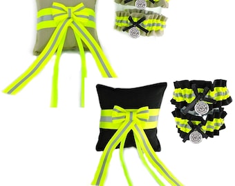 Firefighter wedding garter set of two plus ring pillow,  Bridal shower gift, Personalized garters, Ring bearer Pillow, Bunker Gear Look