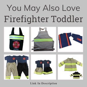 May include: A collection of firefighter-themed toddler clothing and accessories. Includes a black tote bag, gray apron, navy blue shirts, khaki and black pants, skirts, and a tan and black jacket. The text "Firefighter Toddler" is displayed.