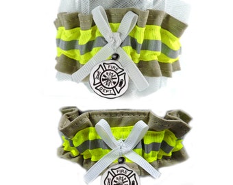 Firefighter wedding garter set, one WHITE tulle, one toss garter without tulle, embroidered name can be added to garter, firefighter bride
