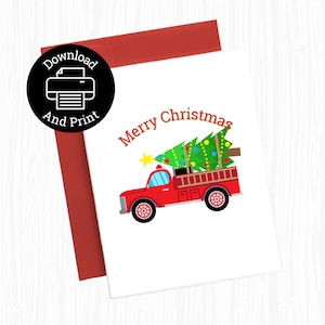 Buon Natale Cartolina di Natale del pompiere del camion dei pompieri, STAMPABILE, Natale del pompiere, Cartolina di Natale della famiglia dei pompieri, DOWNLOAD immediato