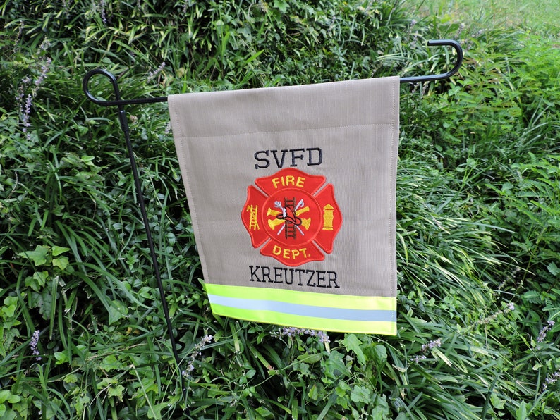 Firefighter Garden flag with Maltese cross and two names added in Tan Fabric and Neon Yellow Reflective Tape