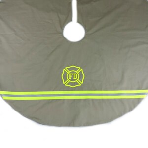 Firefighter Christmas Tree Skirt in Tan Fabric and Neon Yellow Reflective Tape with Maltese Cross Added