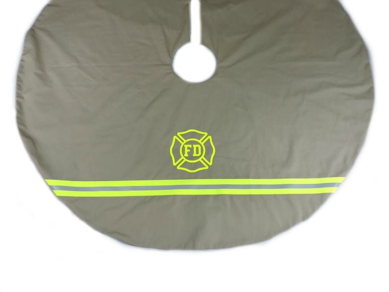 Firefighter Christmas Tree Skirt in Tan Fabric and Neon Yellow Reflective Tape with Maltese Cross Added