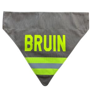 Firefighter Dog Bandana in tan fabric and neon yellow reflective tape, you can add a dogs name
