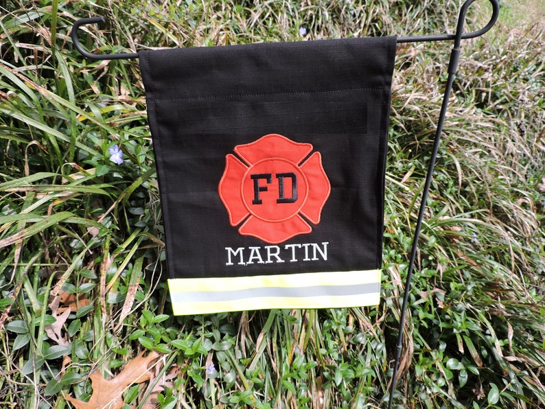 Personalized Firefighter Garden Flag, Fireman yard flag Gift For Him, Fire Department, Turnout Bunker Gear Style, Memorial gift, FFGF003 image 3