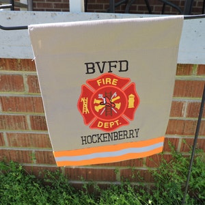 Firefighter Garden flag with Maltese cross and two names added in Tan Fabric and Neon Orange Reflective Tape