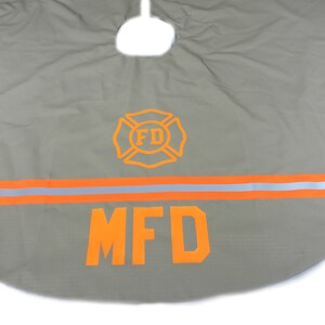 Firefighter Christmas Tree Skirt in Tan Fabric and Neon Orange Reflective Tape with Maltese cross and Station initials added