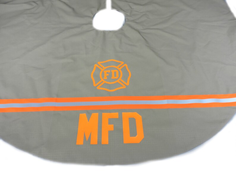 Firefighter Christmas Tree Skirt in Tan Fabric and Neon Orange Reflective Tape with Maltese cross and Station initials added