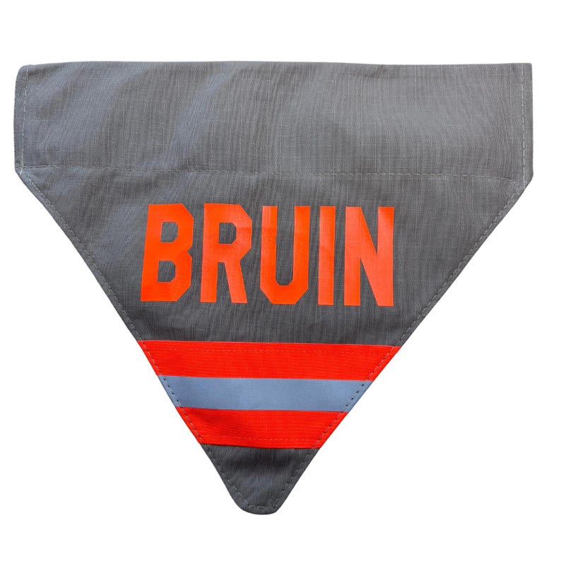 Firefighter Dog Bandana in tan fabric and neon orange  reflective tape, you can add a dogs name