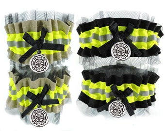 Firefighter wedding  garter with lace,  Firefighter Bride, Personalize Garter, Tan bunker gear look, bridal shower gift