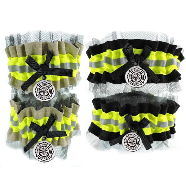 Firefighter wedding  garter with lace,  Firefighter Bride, Personalize Garter, Tan bunker gear look, bridal shower gift