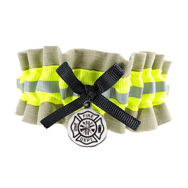 A firefighter wedding garter  in Tan Fabric and Neon Yellow Reflective Tape