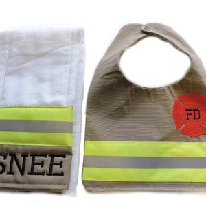 Firefighter Baby Bib and Burp Cloth in Tan Fabric and Neon Yellow Reflective Tape