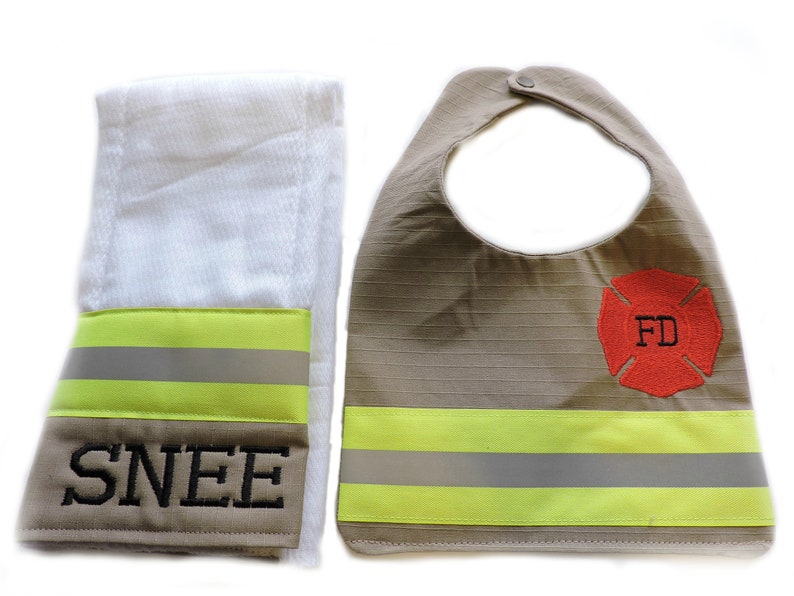 Firefighter Baby Bib and Burp Cloth in Tan Fabric and Neon Yellow Reflective Tape