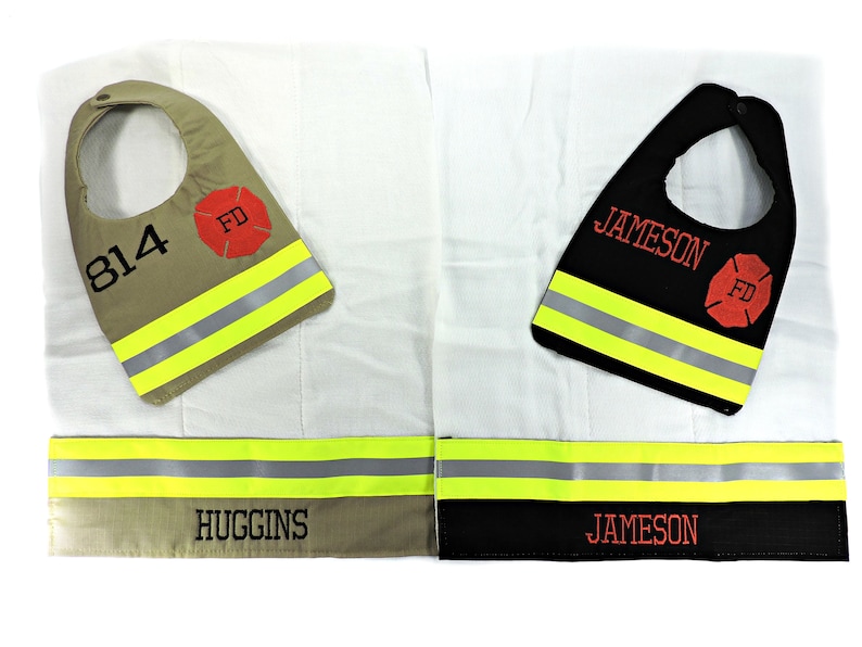 Firefighter Baby Bib and Burp Cloth both bib and burp have a name added