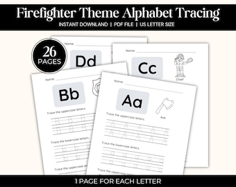 PRINTABLE Firefighter Theme Alphabet Tracing, Coloring Page, Pre- k Trace The Alphabet worksheets,  preschool practice writing workbook