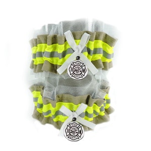 Firefighter wedding garter WHITE tulle, Bunker Gear look, optional embroidered name added,  Firefighter bride, Bridal Shower Gift