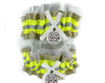 Firefighter wedding garter WHITE tulle, Bunker Gear look, optional embroidered name added,  Firefighter bride, Bridal Shower Gift