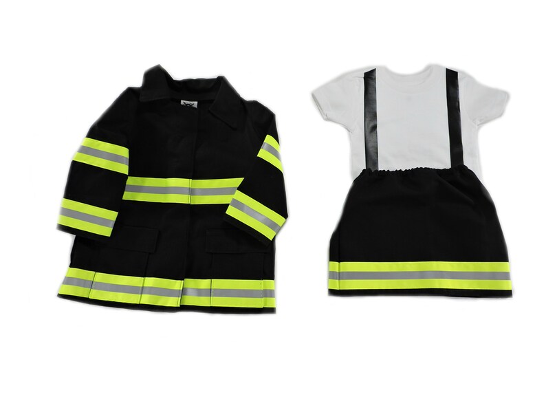 May include: A child's firefighter costume set, featuring a black jacket with reflective yellow-green stripes and a matching pair of pants with suspenders. The set includes a white t-shirt. The jacket has pockets and a collar.