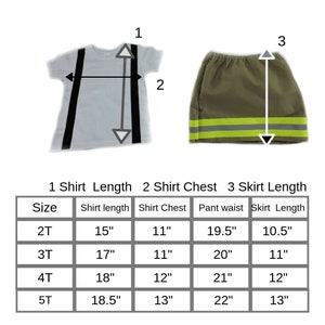 May include: A white t-shirt with black suspenders and a khaki skirt with reflective stripes. The image includes a size chart with measurements in inches for shirt length, chest, pant waist, and skirt length for sizes 2T to 5T.
