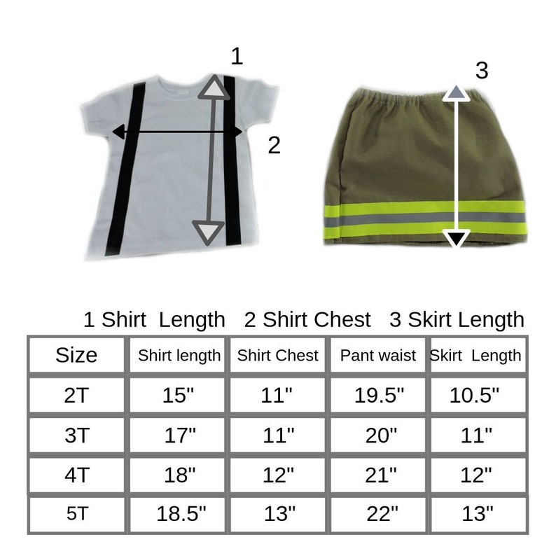 May include: A white t-shirt with black suspenders and a khaki skirt with reflective stripes. The image includes a size chart with measurements in inches for shirt length, chest, pant waist, and skirt length for sizes 2T to 5T.