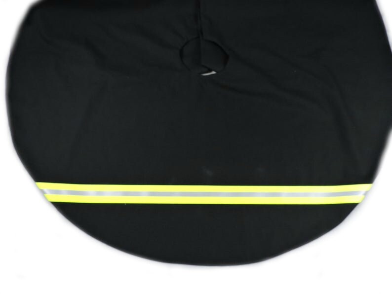 Firefighter Christmas Tree Skirt Black Fabric and Neon Yellow Reflective Tape