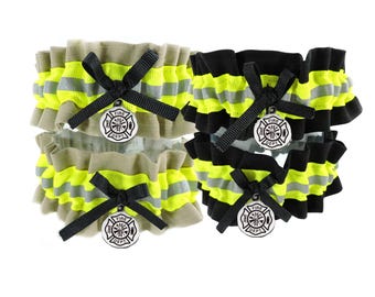 Firefighter Wedding Garter, Personalized keepsake, Bunker Gear Look, Firefighter Bride