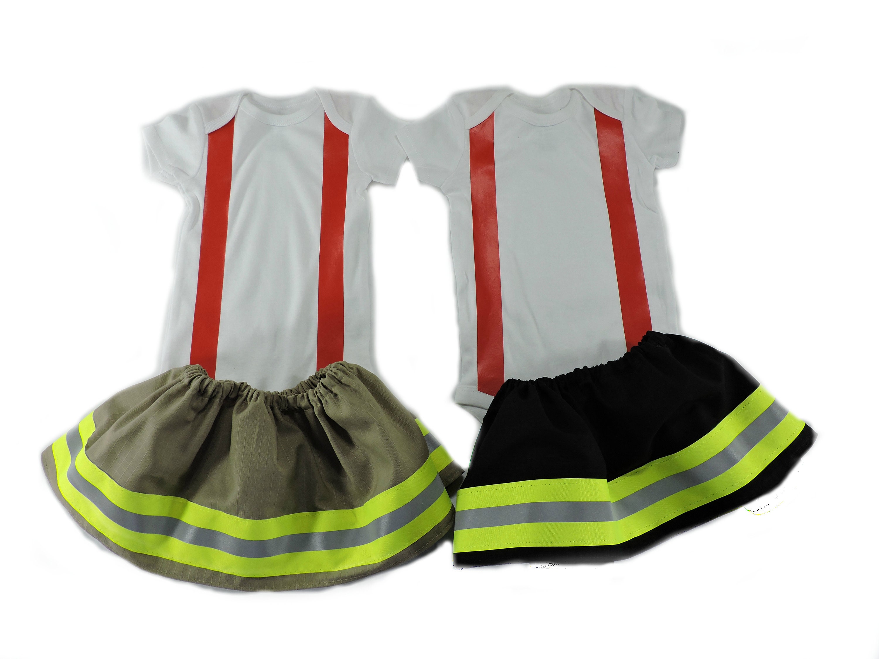 Firefighter Baby Girl Outfit, RED suspenders, Halloween Costume, turnout bunker gear skirt