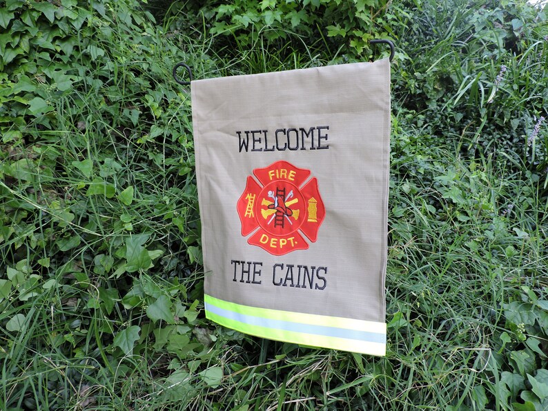 Firefighter Garden flag with Maltese cross and two names added in Tan Fabric and Neon Yellow Reflective Tape