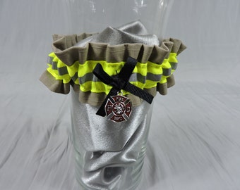 Firefighter wedding garter, With optional embroidered name added, Tan bunker gear look, firefighter wife, firefighter gift