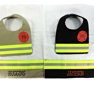 Firefighter Baby Bib and Personalized Burp cloth, future firefighter baby shower gift, Bunker gear, Home from hospital newborn gift