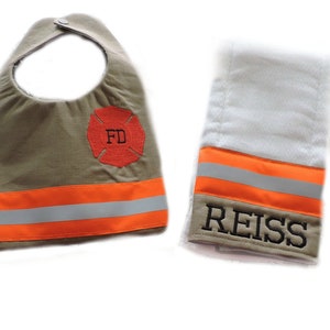 Firefighter Baby Bib and Burp Cloth in Tan Fabric and Neon Orange Reflective Tape