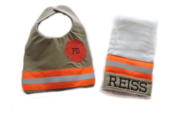 Firefighter Baby Bib and Burp Cloth in Tan Fabric and Neon Orange Reflective Tape