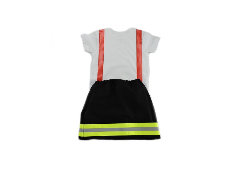 May include: A white t-shirt with red stripes and a black skirt with yellow reflective tape. The skirt has an elastic waistband.