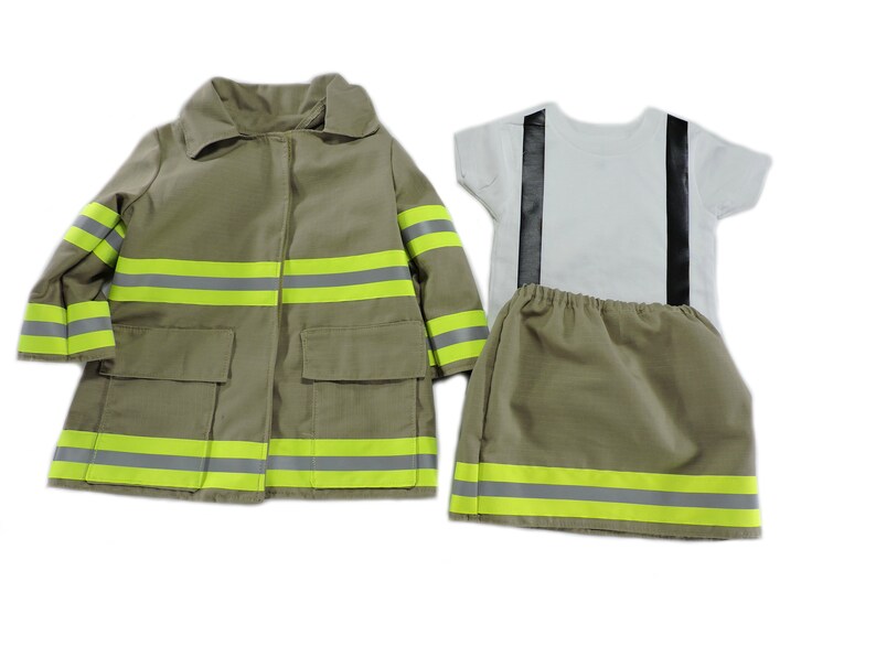 May include: A child's firefighter costume set, including a tan jacket with reflective stripes, a white t-shirt with black suspenders, and matching tan shorts. The jacket has two pockets.
