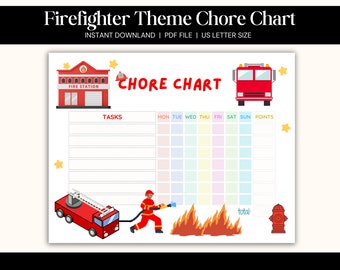 PRINTABLE Firefighter Theme Chore Chart for Kids, Kids Daily Responsibility Chart, Allowance, Screentime, Behavior, Reward chart, Pre- k