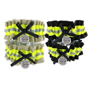 Firefighter Wedding Garter , With Optional Embroidered Name Added to Garter, Bunker Gear Look, Firefighter Bride