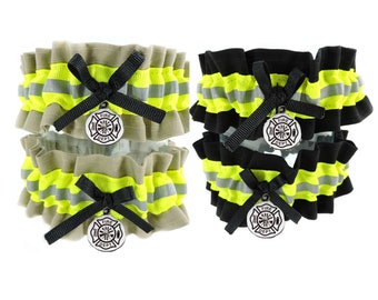 Firefighter Wedding Garter , With Optional Embroidered Name Added to Garter, Bunker Gear Look, Firefighter Bride