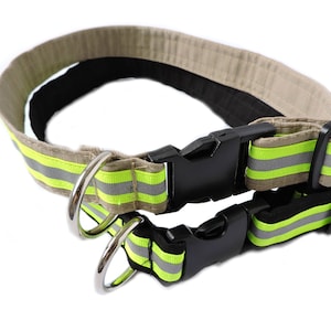 May include: A beige and black dog collar with reflective green and silver stripes. The collar has two metal D-rings and a black plastic buckle.