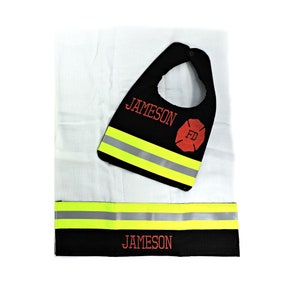 Firefighter Baby Bib and Burp Cloth in Black Fabric and Neon Yellow Reflective Tape