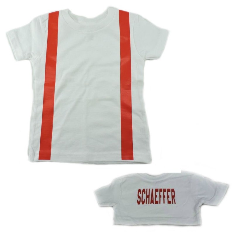 May include: White t-shirt with two red vertical stripes on the front and the word "SCHAEFFER" printed in red on the back.