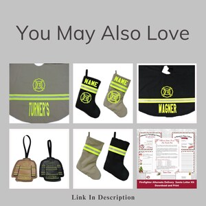 May include: A collection of firefighter-themed holiday items including two tree skirts with FD emblems and reflective stripes, four stockings with reflective bands, two turnout coat ornaments, and a printable Santa letter kit with official North Pole text.