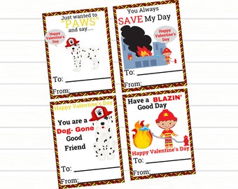 Könnte beinhalten: Vier Valentinstagskarten mit Feuerwehr-Motiv. Jede Karte hat einen rot-gelben Rand und zeigt einen Dalmatiner oder einen Feuerwehrmann. Die Karten enthalten Sätze wie "PAWS" und "SAVE My Day."