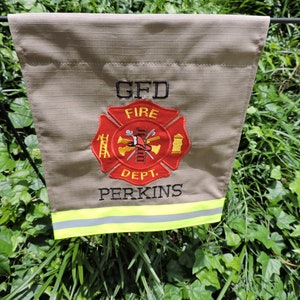 Firefighter Garden flag with Maltese cross and two names added in Tan Fabric and Neon Yellow Reflective Tape