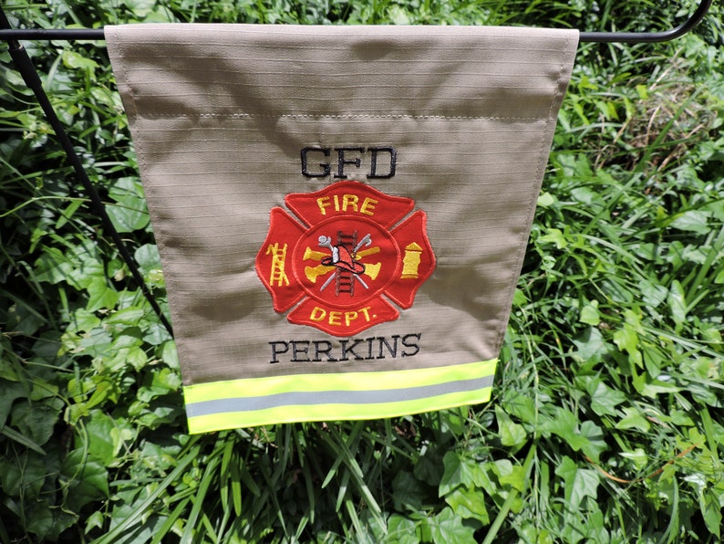 Firefighter Garden flag with Maltese cross and two names added in Tan Fabric and Neon Yellow Reflective Tape